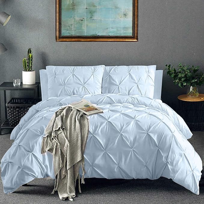 Pinch Pleated Duvet Cover Set 100% Cotton 3PC Queen Size 90x90 Duvet Cover Set, Decorative Pinch Design Sky Blue Duvet Cover with Matching Pillow Case