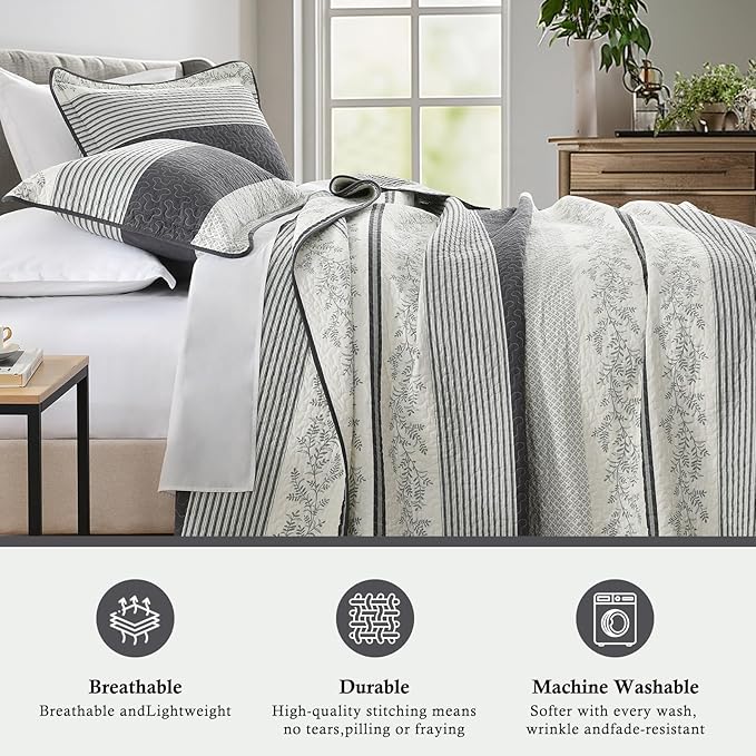 Stripe Quilt King Size - 100% Cotton Lightweight 3 Pieces Bedding Set, Vintage Vine Pattern Quilted Bedspread with 2 Pillowshams, Farmhouse Printed Coverlet for All Season, Green/Gray