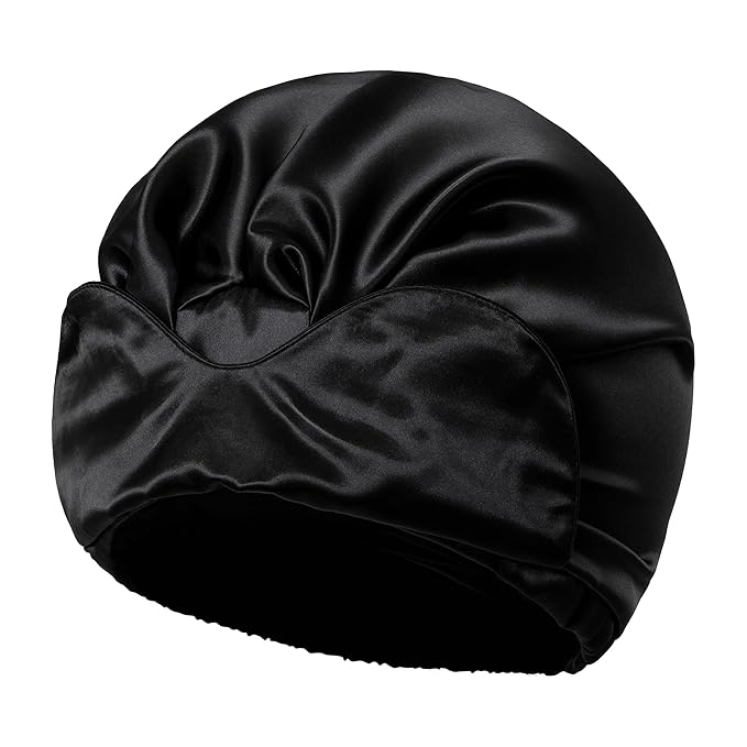 Black Satin Bonnet for Sleeping Women Adjustable Silk Hair Bonnet for Natural & Curly Hair Soft Satin Lined Bonnet Double Layer with Elastic Band Silk Sleep Cap