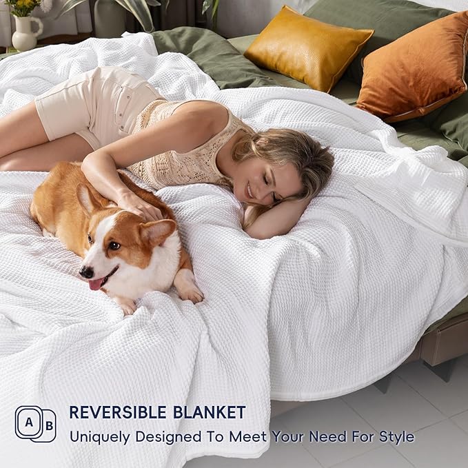PHF 100% Cotton Waffle & Muslin Blanket Twin Size, Soft Breathable Luxury 400GSM Versatile Reversible Bedding for Bed, Great for Layering in Cold Weather, Home Decor Gift, 66" x 90", White