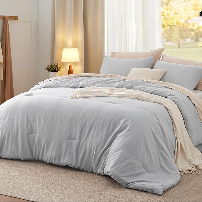 Bedsure Queen Size Comforter Set, Light Grey Soft Prewashed Bedding for All Seasons, 3 Pieces GentleSoft™ Warm Down Alternative Bed Set, 1 Lightweight Comforter (90"x90") and 2 Pillowcases (20"x26")