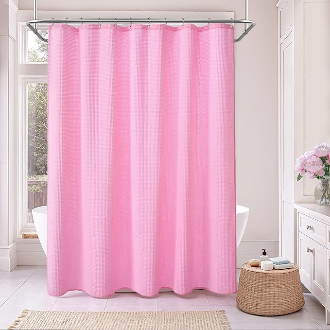 Waffle Weave Shower Curtain - Pink Cotton Fabric Texture Heavyweight Shower Curtain for Bathroom,Washable,72Wx72L