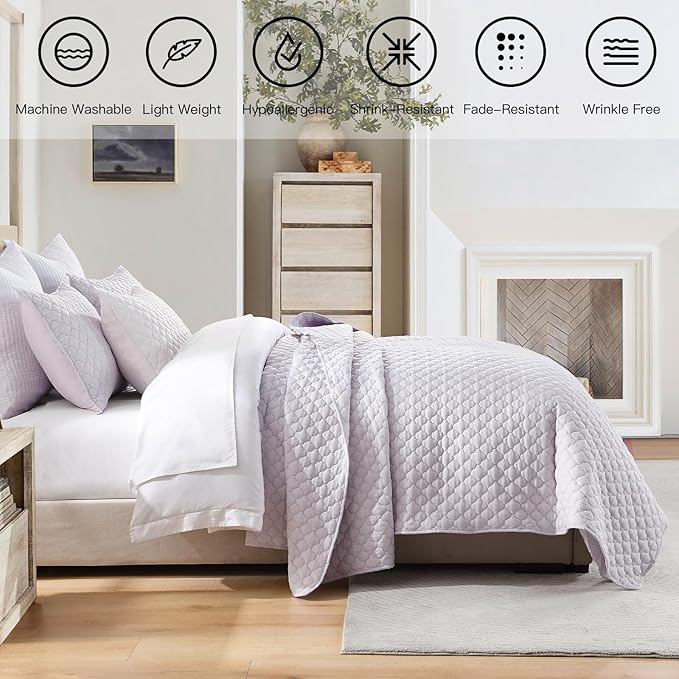 HORIMOTE HOME Quilt King Size Lavender(Light Purple), Lightweight Quilt for Summer, Ultra-Soft Microfiber Modern Style Quilted Clouds Pattern Bedspread Quit Set 3 Pieces(1 Quilt and 2 Pillow Shams)
