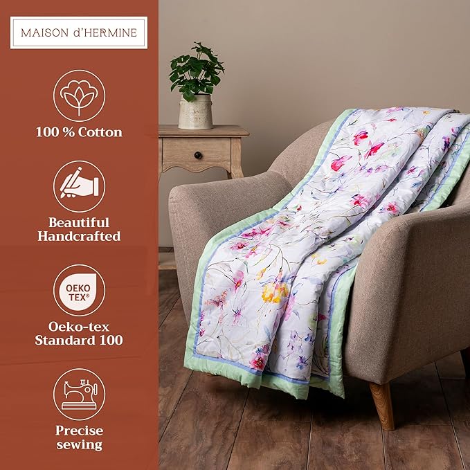 Maison d' Hermine Throw Blanket for Couch Lightweight Soft Warm Breathable Cotton Throw Blankets for Bed Girls Boys Women Men Gifts Sofa Travel Living Room Chair Bedding (50"x60", Summer Floral)