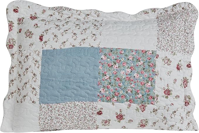 Brilliant Sunshine Pink Rose with Small Blue Check Patchwork, 2-Piece Quilt Set with 1 Sham, Reversible Bedspread, Soft Lightweight Coverlet, All-Season, Twin, Pink Blue