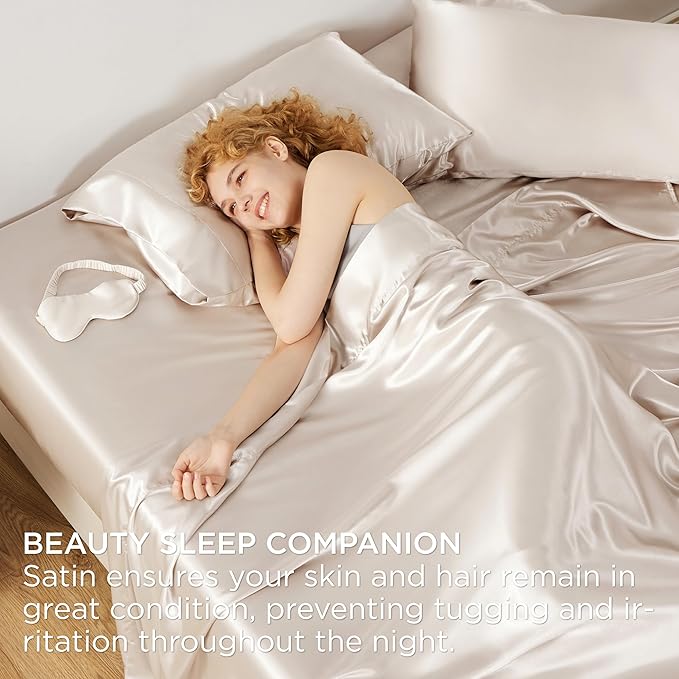 Bedsure Satin Sheets King Size - 4 Piece Silky Bedsheets with 15 Inches Deep Pocket Fitted Bedsheet,1 Flat Sheet, 2 Satin Pillowcases, Good for Hair & Skin (King, Beige)
