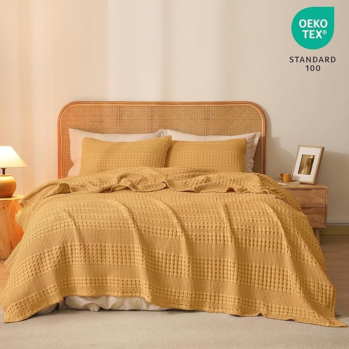 PHF 100% Cotton Waffle Weave Blanket Queen Size for Bed, Soft Lightweight & Breathable, All-Season Comfort, Luxury Aesthetic Woven Bedding for Home Decor, 90"x90", Pumpkin Orange