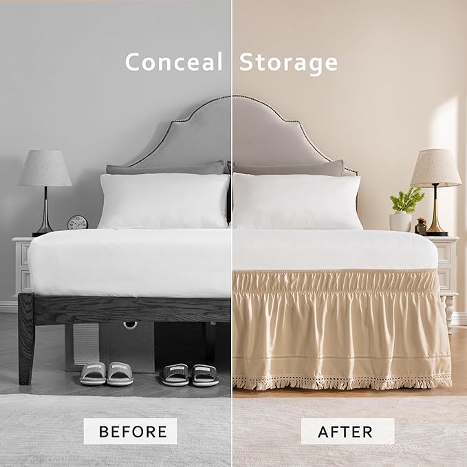 MIYE Wrap Around Ruffled Lace Bed Skirt, Elastic Dust Ruffle with Adjustable Belts, Easy to Put On, Bed Frame Cover, Machine Washable (Tassel Ruffle/Beige, Full/Twin-15 Drop)