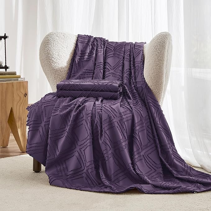 JELLYMONI Duvet Cover Queen Size Purple - 3PCS Boho Duvet Cover Set Plaid Polyester Tufted Bohemian Jacquard Knit Textured Comforter Cover 90×90in Rhombic Geometric Pattern Zipper Corner Tie