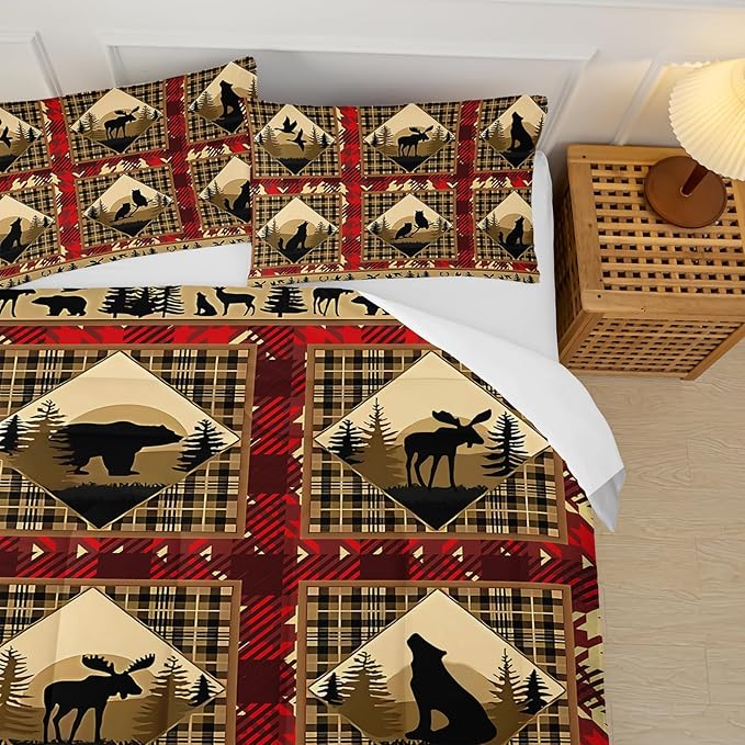 Red and Black Plaid Comforter Set Queen，Queen Size Bedding Set Animal Print，Rustic Farmhouse Quilt Bedding Sets Queen，Animal Print Bedroom Decor，with 1 Comforter with 2 Pillow Case