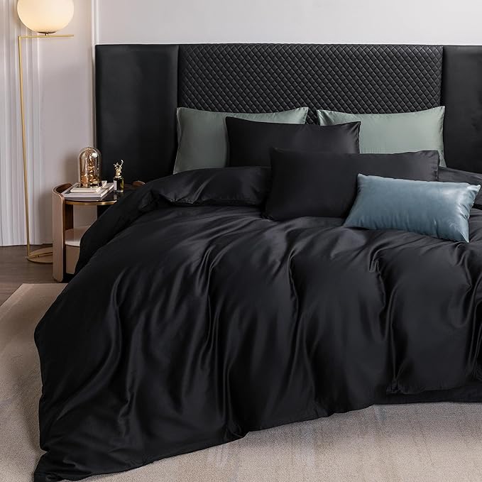 MooMee Duvet Cover Set 100% Extra Long Staple Cotton 600 Thread Count Silky Sateen Smooth Luxury Soft Breathable Durable Hotel Quality Bedding, 2 Pieces (Black,Twin 68"x90")