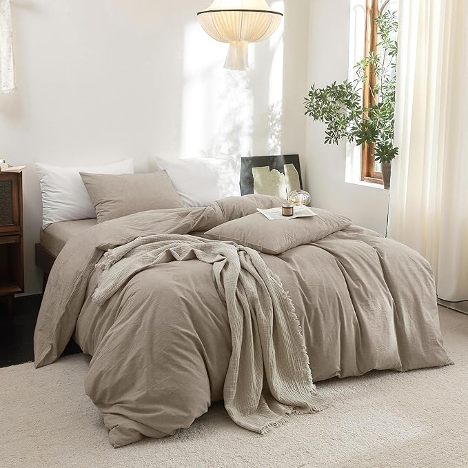 FOSSA Duvet Cover Set 100% Washed Cotton Linen Feel Super Soft Breathable Cozy 3 Pieces Bedding Sets Solid Tannish Linen Grey King