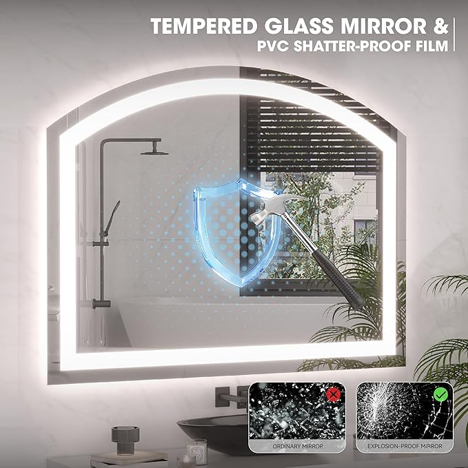 Hasipu 72x36 Inch LED Bathroom Mirror Arch Vanity Mirror with Lights Frontlit Smart Touch Sensor Dimmable 3 Colors Temperature Shatterproof Wall-Mounted Vanity Mirror Metal Frame