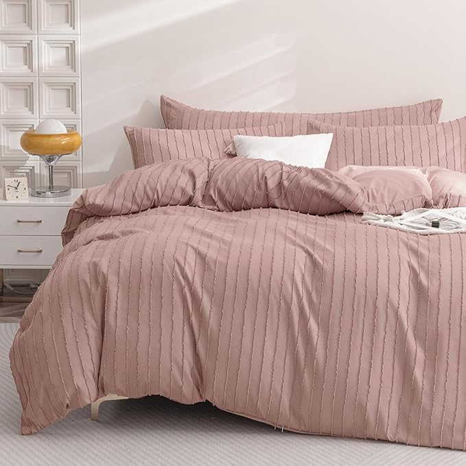 JELLYMONI Duvet Cover Queen Size Smokey Pink - 3PCS Boho Striped Duvet Cover Set Polyester Tufted Bohemian Textured Comforter Cover 90×90in with Corner Ties & Zipper and 2 Pillowcases