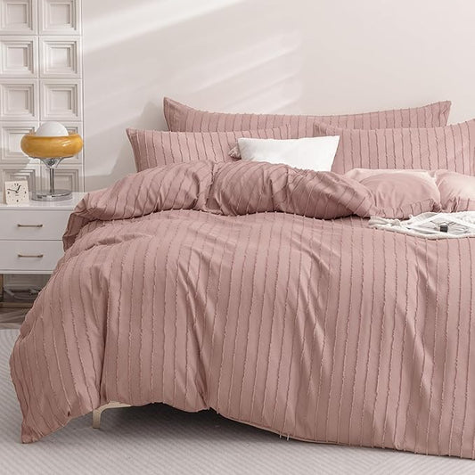 JELLYMONI Duvet Cover Queen Size Smokey Pink - 3PCS Boho Striped Duvet Cover Set Polyester Tufted Bohemian Textured Comforter Cover 90×90in with Corner Ties & Zipper and 2 Pillowcases