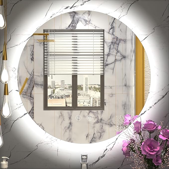 LED Bathroom Mirror 24 Inch, 3 Color Temperatures (3000K/4500K/6000K), Dimmable Backlight, Anti-Fog, 5MM HD Glass, CRI 90+, Round Vanity Mirror with Light