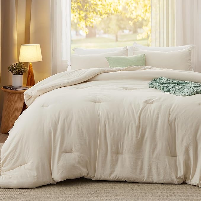 Bedsure Full Size Comforter Set, Cream Soft Prewashed Bedding for All Seasons, 3 Pieces GentleSoft™ Warm Down Alternative Bed Set, 1 Lightweight Comforter (82"x86") and 2 Pillowcases (20"x26")