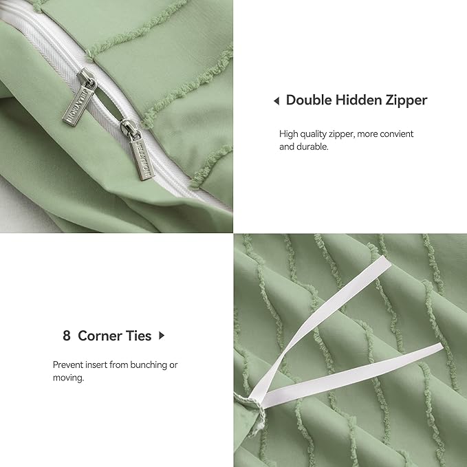 JELLYMONI Duvet Cover Twin Size Light Green - 3PCS Boho Striped Duvet Cover Set Polyester Tufted Bohemian Textured Comforter Cover 68×90in with Corner Ties & Zipper and 2 Pillowcases
