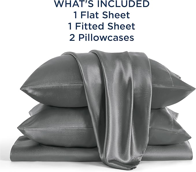 Bedsure Satin Sheets King Size - 4 Piece Silky Bedsheets with 15 Inches Deep Pocket Fitted Bedsheet,1 Flat Sheet, 2 Satin Pillowcases, Good for Hair & Skin (King, Dark Grey)