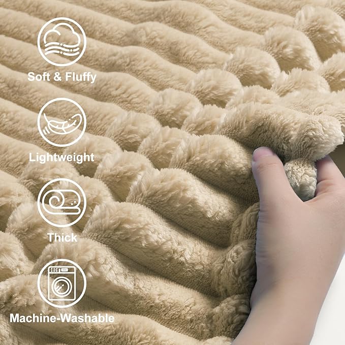 decorUhome Christmas Soft Fleece Light Brown Blanket Queen Size for Bed, Cozy Fluffy Plush Flannel Large Striped Throws for Couch Sofa, Lightweight Decorative Fuzzy Blanket for Woman, 90x90 Inches