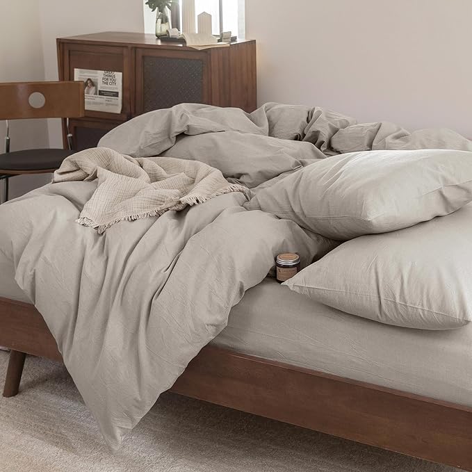 FOSSA Duvet Cover Set 100% Washed Cotton Linen Feel Super Soft Breathable Cozy 3 Pieces Bedding Sets Solid Cream Grey Super Queen