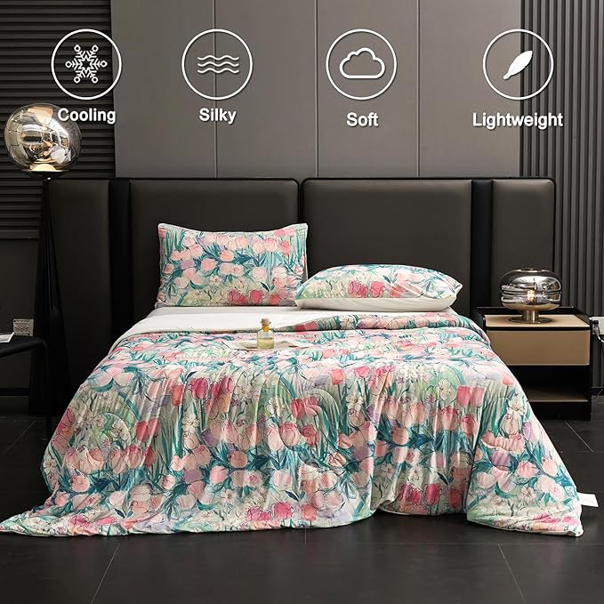 Cyusri Floral Print Cooling Comforter Set 3Pcs Breathable Cool King Size Bedding Set with 2 Pillowcases Pink Tulip Pattern Silky Cold Quilt, 108"x90"