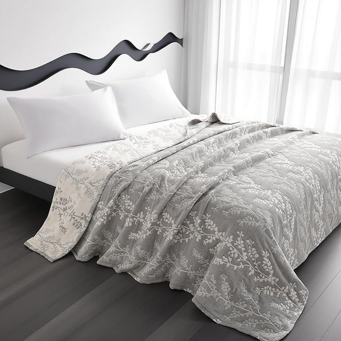 NTBAY 3 Layers Cotton Muslin 88x92 Queen Bed Blanket, Super Soft Breathable Thermal Yarn Dyed Quilt for Adults, Perfect Lightweight Blanket for Couch Sofa Bed All Seasons, Grey Tree