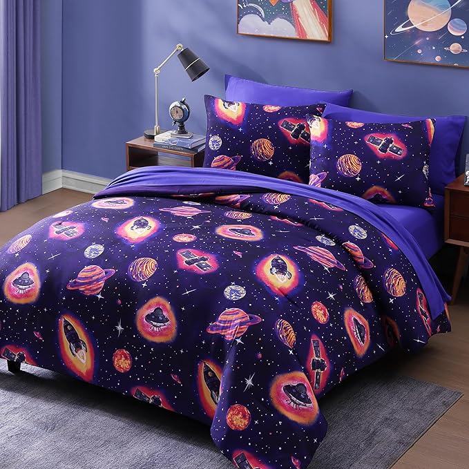 Full Size Comforter Set for Boys-7 Pieces Space Rocket Full Bedding Sets for Kids, Ultra Soft Bed in A Bag with Sheets