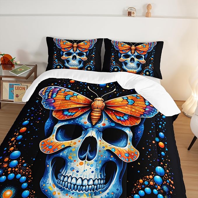 Gothic Skull Comforter Set Queen Size,Blue Orange Granular Ball Butterfly Printed Bedding Comforter Sets,Halloween Horror Themed Comforter Set for Kids,Gothic Bedding Sets with 2 Pillowcases.