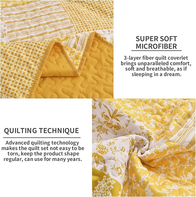 Mybedsoul Yellow Boho Quilt Set King Size,3 Pieces Plaid Floral Bedspread Coverlet Set Summer,Patchwork Reversible Bedding Set King 90"x104"