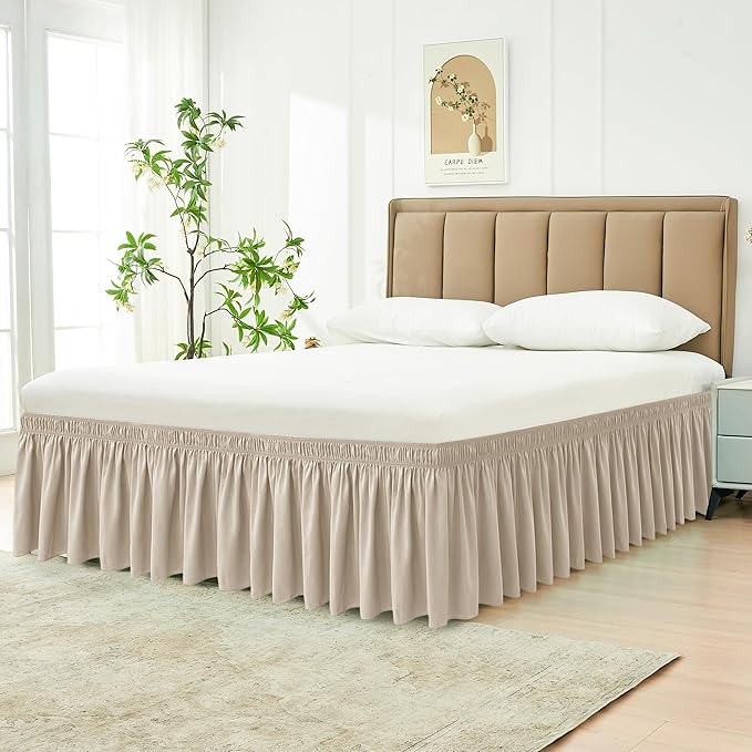 Biscaynebay Wrap Around Bed Skirts for Queen Beds 17" Long Drop, Light Camel Adjustable Elastic Dust Ruffles Easy Fit Wrinkle & Fade Resistant Silky Luxurious Fabric Solid Machine Washable