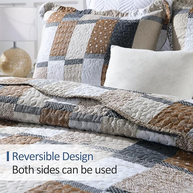 ENJOHOS 3PC Queen Quilt Sets with Shams Navy and Brown Blocks Patchwork Quilt Lightweight Reversible Bed Coverlet All Season Bedspread for Queen Bed Patch Plaid Daybed Bedding (Multi Patch)