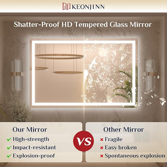 Keonjinn LED Mirror for Bathroom 48 x 30 Inch, Frontlit & Backlit Bathroom Vanity Mirror with 3 Color Lights, Lighted Bathroom Mirror with Anti-Fog, HD Tempered Glass, UL-Listed LED Driver, CRI90+