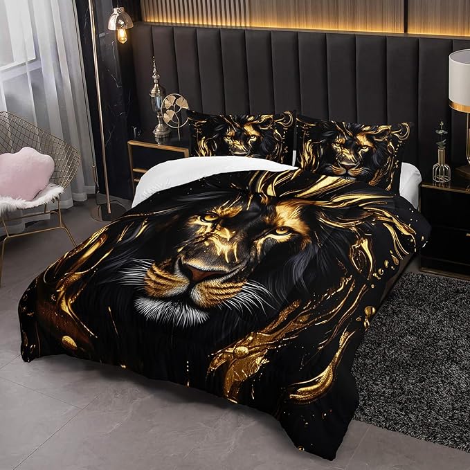 Black & Gold Full Comforter Set Lion，Animal Print Full Size Bedding，with 1 Comforter with 2 Pillow Case，Lion Themed Bedroom Decor for Boy Kids