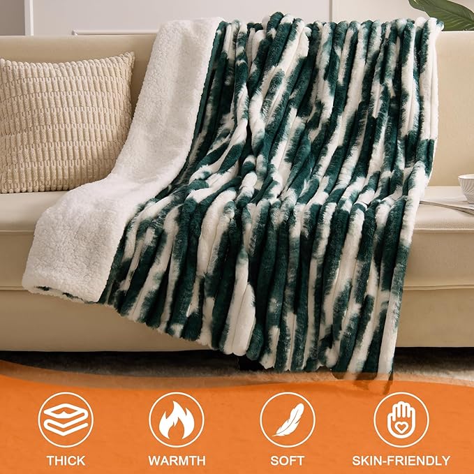 Heated Blanket Throw - 50"x60" Fast Heating Bed Electric Blankets Throw with 6 Heating Levels & 4 Hours Auto Off, Soft Ribbed Faux Fur Sherpa, Over-Heated Protection ETL, Dark Green
