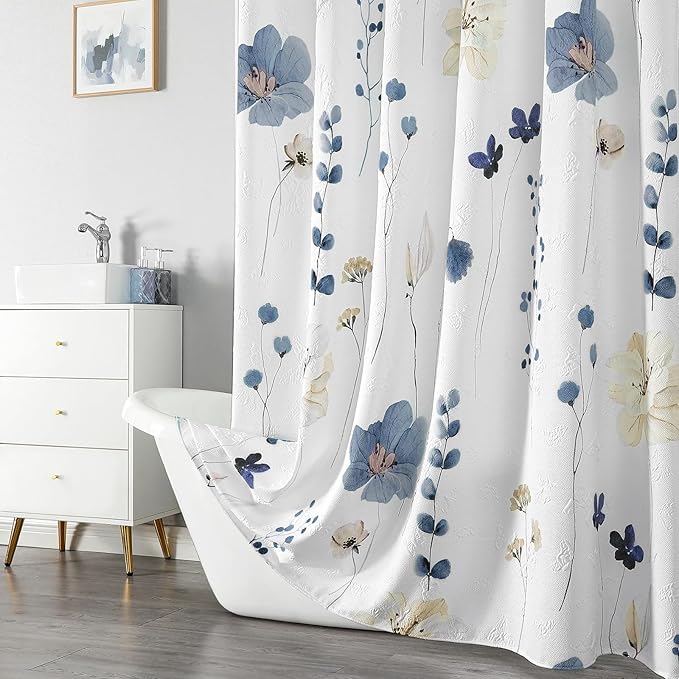 QiyI Extra Long Shower Curtain 72 x 84, Watercolor Floral Bath Curtain, 3D Embossed Butterflies Grey Flower Cloth Bathroom Curtains, Waterproof Fabric Farmhouse Textured Shower Curtain Set with Hooks