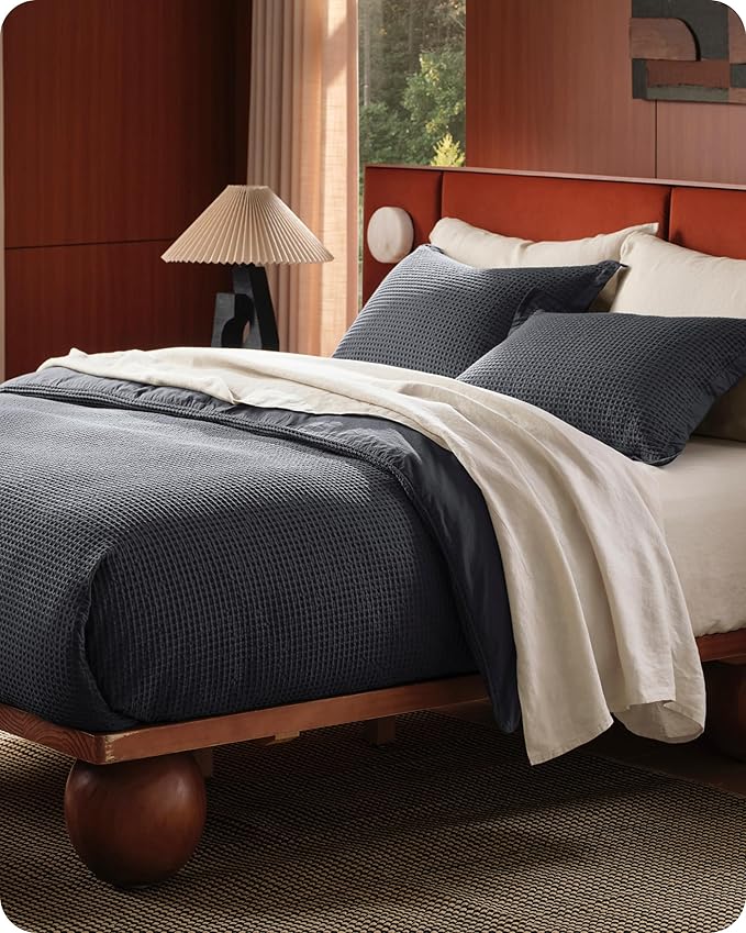 Bedsure Cotton Duvet Cover Set - 100% Cotton Waffle Weave Charcoal Duvet Cover Oversized Queen Size, GentleSoft™ and Breathable Bedding Set for All Season, 3 Pieces, 98"x98"