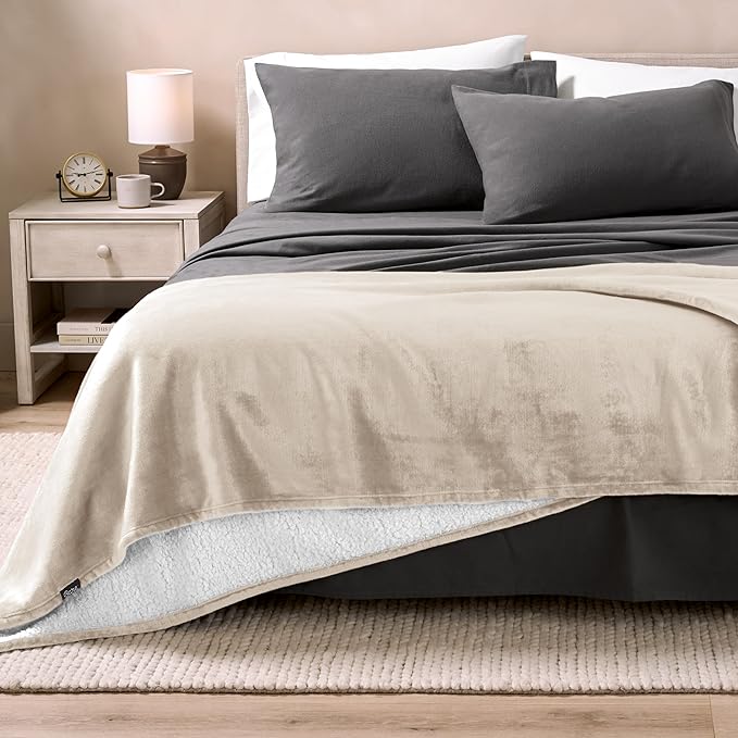 Bare Home Sherpa Fleece Blanket - Full/Queen Size - Blanket for Bed, Sofa, and Couch - Warm & Lightweight - Fluffy & Soft - Reversible (Full/Queen, Oyster)