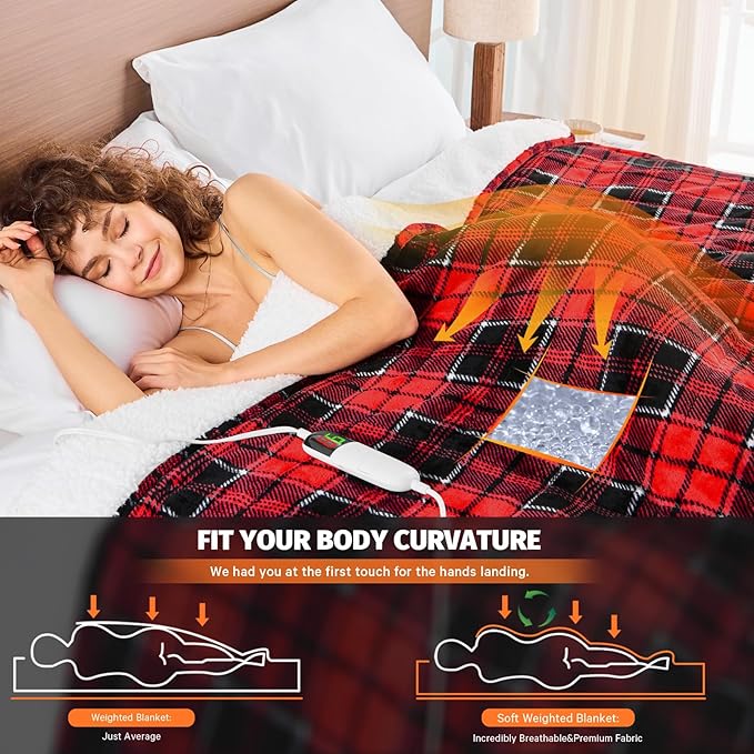 Red Heated Weighted Blanket for Adults Queen Size 15Lbs 60"x80", 2-in-1 Electric Heating Pad Lap Heavy Blanket for 140-160 lbs for Couch, 10 Level 1-8H Auto Off, Christmas Birthday Gifts for Women Mom