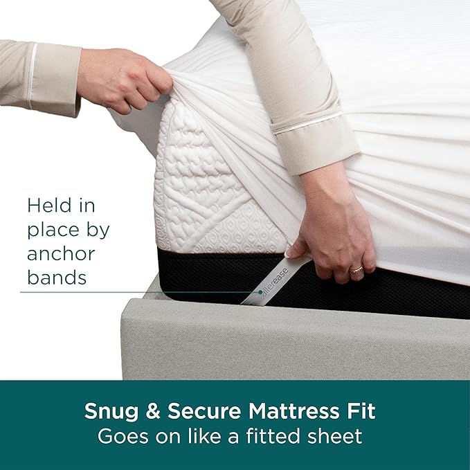 AllerEase CleanBoost Plush Knit Mattress Protector Waterproof Particle Barrier Temperature Balancing Soft Plush Comfort Machine Washable Fitted Cover with Elastic Anchor Bands Mattress Cover, Queen