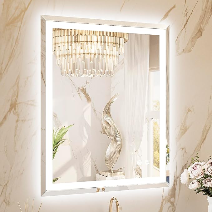 TETOTE Led Bathroom Mirror 30 x 36 Inch, Beveled Lighted Bathroom Vanity Frameless Mirror with Extra-Bright Lights, Frontlit & Backlit, Defogging, 3-Color Dimmable, Tempered Glass, Waterproof