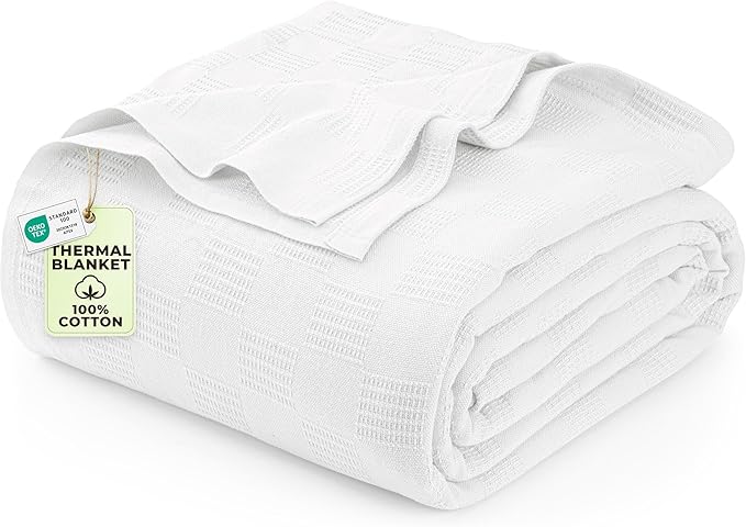 Utopia Bedding White 100% Cotton Blanket [Big Size - 120x120 Inch] 350GSM Lightweight, Soft and Breathable Thermal Blanket for All Seasons