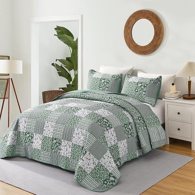 Mybedsoul Green Quilt Set Twin Size, 2 Pieces Plaid Floral Bedspread Set Patchwork Reversible Bedding Set Microfiber Lightweight Bedspread Coverlet Set for All Season 68"x86"