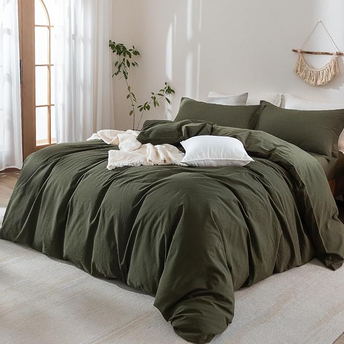 Linen Feel Duvet Cover Full Size 90inch x 80inch,100% Washed Cotton Duvet Cover with Zipper Closure and 2 Pillowcases, Color of Olive Green