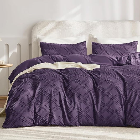 JELLYMONI Duvet Cover Twin Size Purple - 3PCS Boho Duvet Cover Set Plaid Polyester Tufted Bohemian Jacquard Knit Textured Comforter Cover 68×90in Rhombic Geometric Pattern Corner Ties & Zipper
