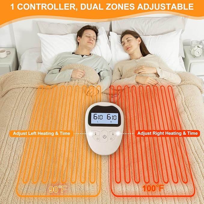Electric Blanket Queen Size Single Control - 84"X90" Soft Double Sided Sherpa Heated Blanket with 6 Fast Heating Levels & 10 hrs Timer Settings, Washable & ETL Certified for Bed, Beige