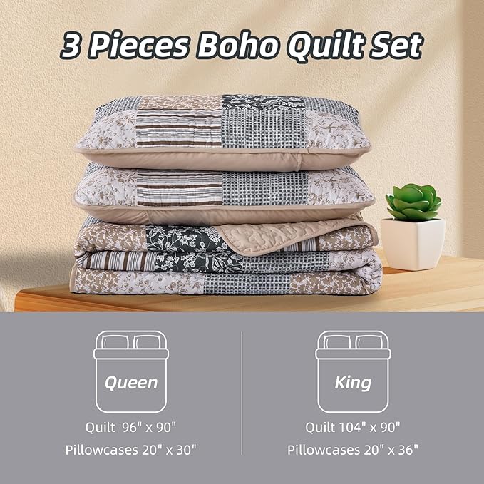 Mybedsoul Patchwork Quilt Set Queen Size, 3 Pieces Blue Brown Floral Plaid Bedspread Coverlet Set, Reversible Soft Microfiber Bedding Set for All Season, Fall Winter Queen 90"x96"
