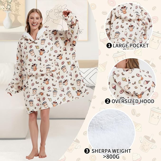 Wearable Blanket Hoodie for Adult,Oversized Sherpa Fleece Blanket Hoodie for Women Men,Coffee