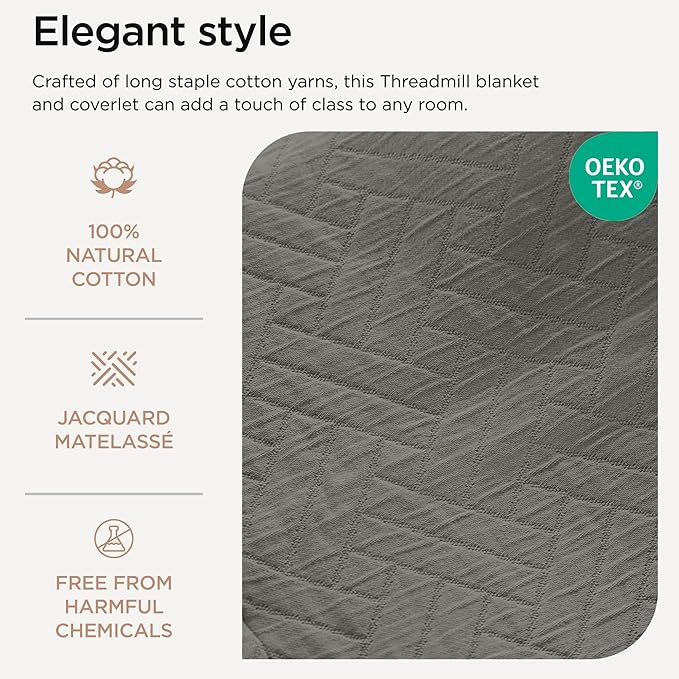 Threadmill Luxury Cotton Blankets for Twin Size Bed | All-Season 100% Cotton Twin Blanket for Bed | Criss Cross Jacquard Lightweight, Soft & Cozy Coverlet, 350GSM, 68 x 90 inches | Dark Grey