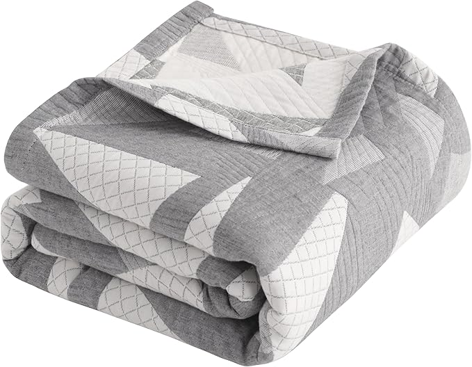 NTBAY 3 Layers Cotton Muslin 68x92 Twin Bed Blanket, Super Soft Breathable Thermal Yarn Dyed Quilt for Adults, Perfect Lightweight Blanket for Couch Sofa Bed All Seasons, Grey Triangle